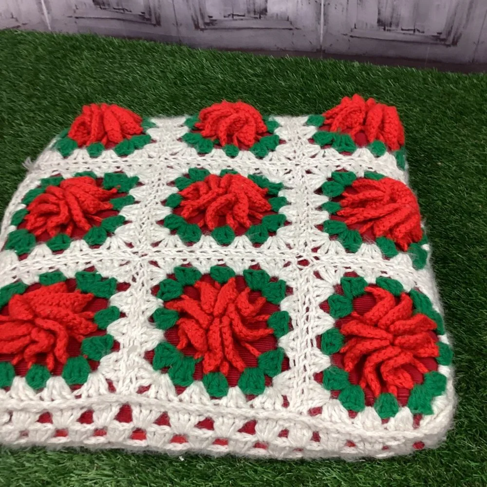 Vintage Crochet Rose Flower Pillow Raised